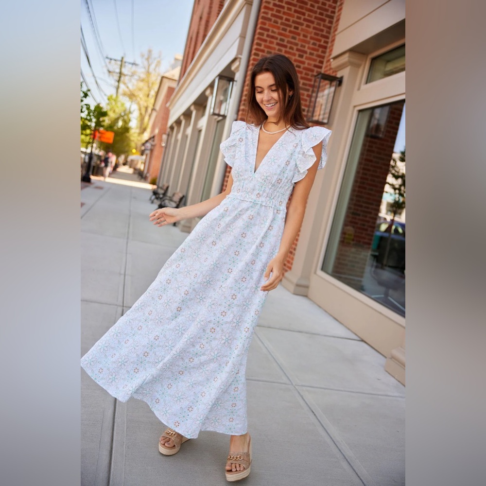 Sail to Sable Light Blue Floral Maxi Dress with Ruffle Shoulders - Picture 2 of 9
